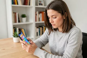 Femme jouant à un jeu d'entraînement cérébral sur smartphone, application Lumosity sur écran coloré