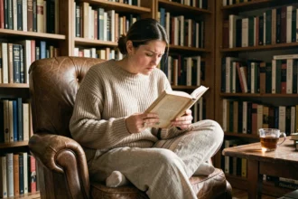 Femme absorbée par la lecture dans une bibliothèque encombrée, illustrant les inconvénients de la lecture excessive