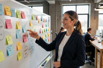 Femme professionnelle présentant ses compétences atypiques mad skills sur un tableau de brainstorming en bureau moderne