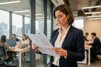 Femme professionnelle en blazer marine tenant un plan de carrière devant une fenêtre de bureau moderne, illustrant la progression de carrière