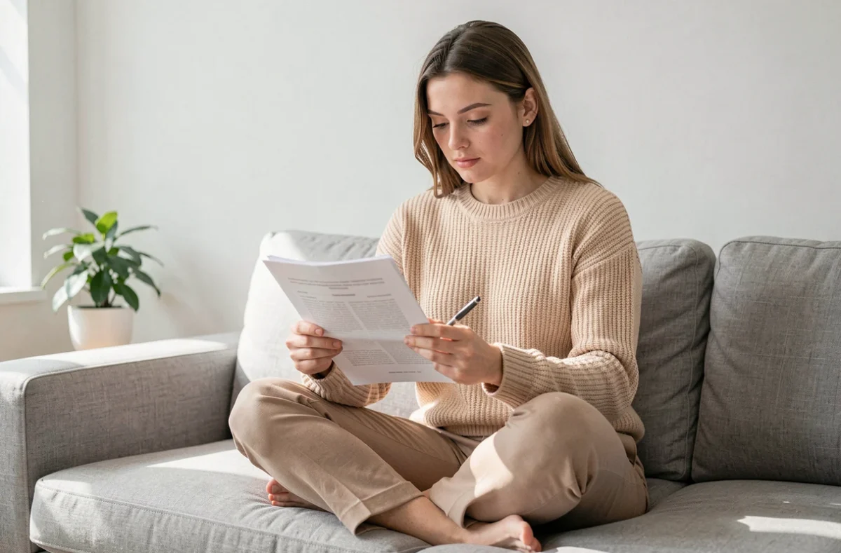 Jeune femme relisant et corrigeant sa lettre de motivation imprimée sur un canapé à domicile