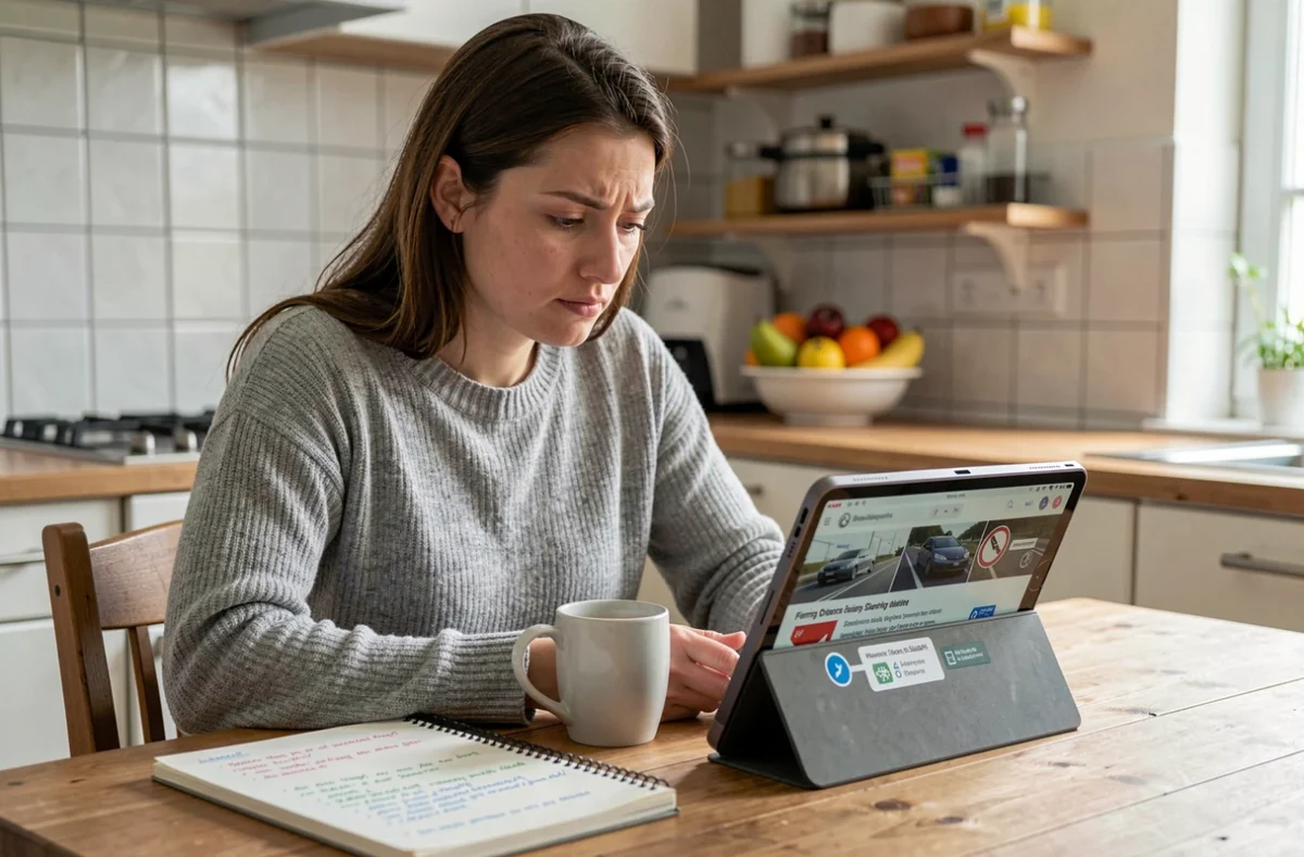 Jeune femme révisant le code de la route 2026 sur une tablette dans sa cuisine