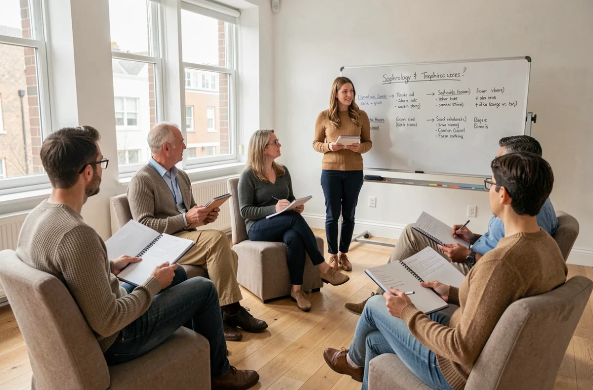 Groupe d'adultes en formation de sophrologie écoutant une formatrice dans une salle de cours professionnelle
