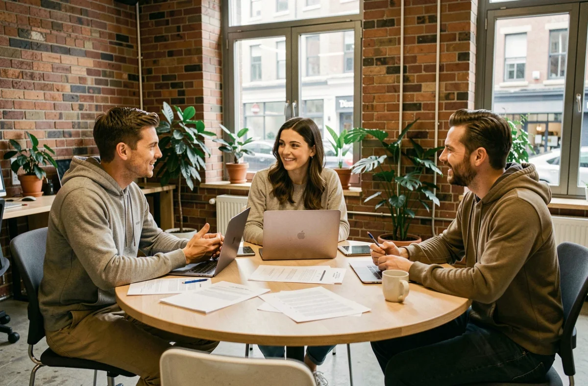 Groupe de professionnels en atelier de formation collaborative autour d'une table dans un espace de coworking