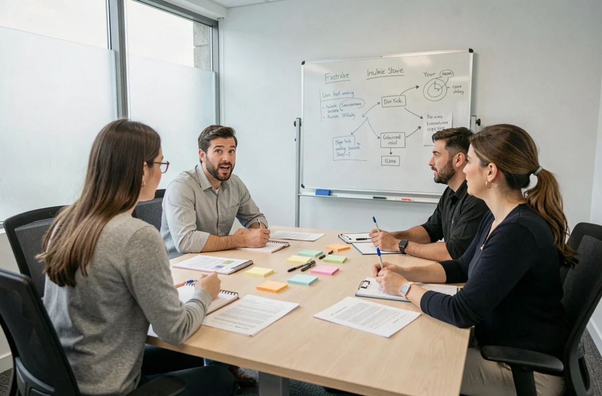 Groupe de professionnels participant à un atelier de formation en salle de conférence