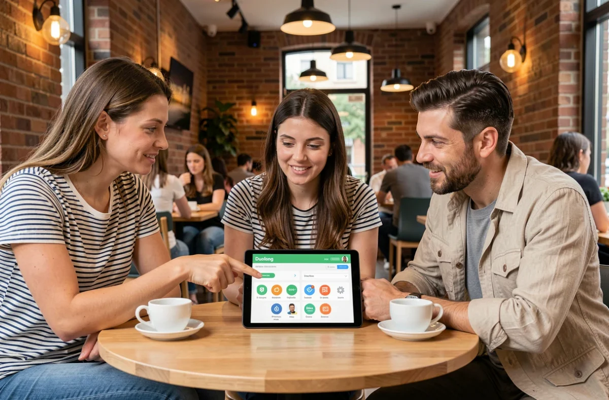 Groupe d'adultes discutant de la valeur des certifications Duolingo autour d'une tablette dans un café