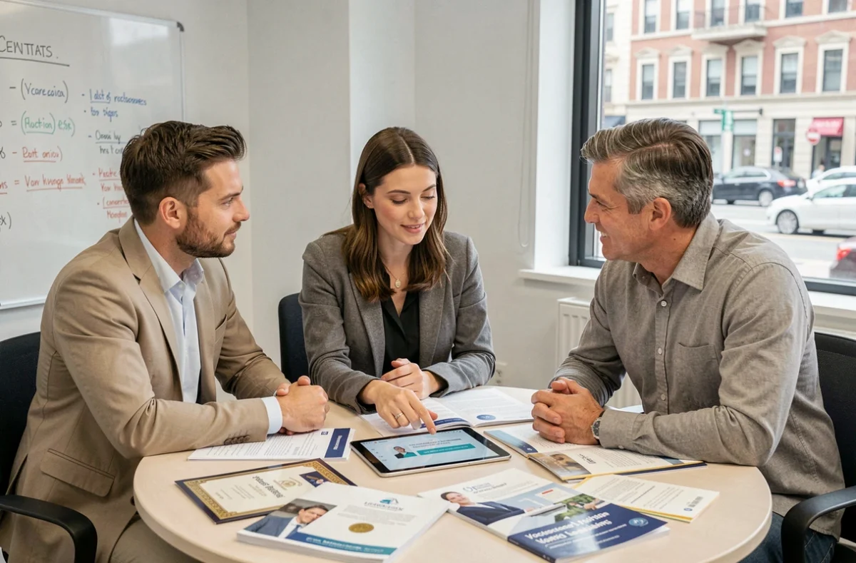 Groupe de professionnels discutant de formations qualifiantes et certifiantes autour d'une table de réunion