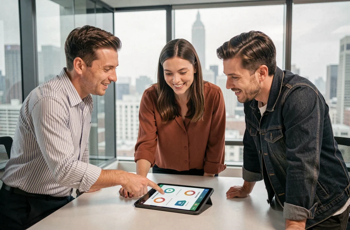 Groupe de professionnels en réunion discutant de mad skills et compétences atypiques autour d'une tablette numérique