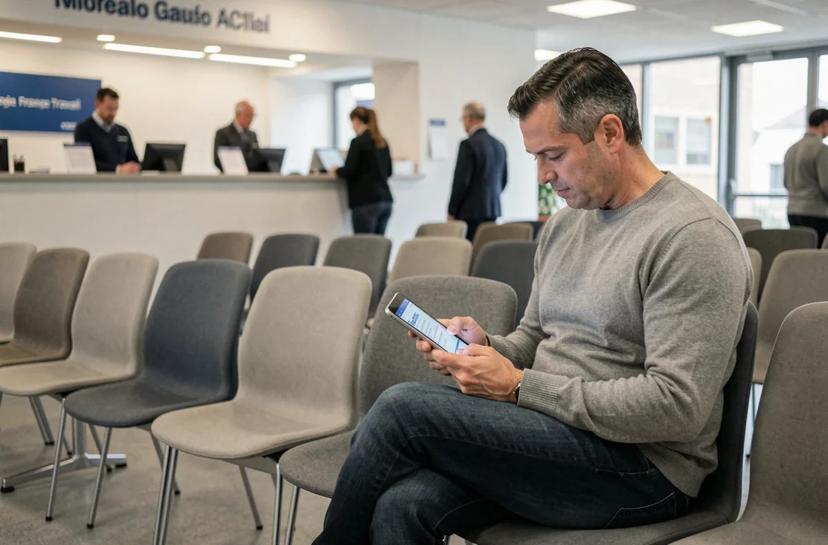 Homme consultant une demande de prise en charge de formation sur tablette dans une agence France Travail
