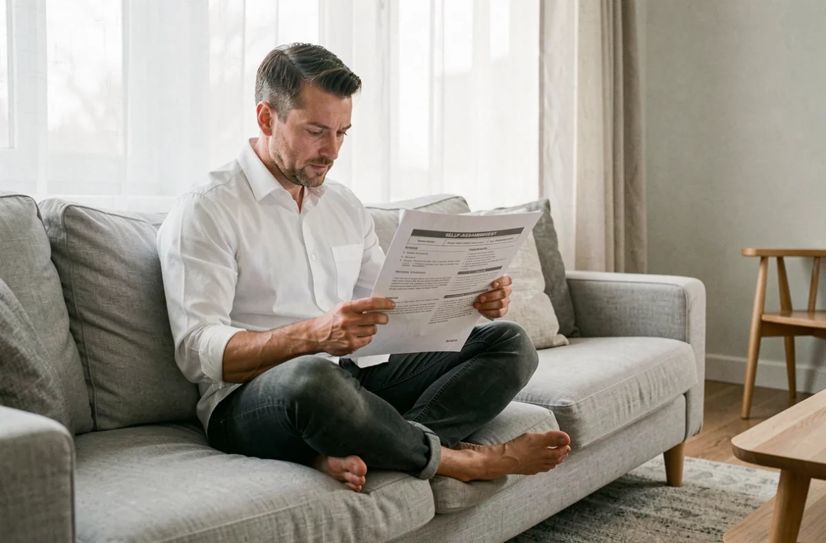 Homme lisant un questionnaire de bilan personnel assis sur un canapé dans un salon moderne