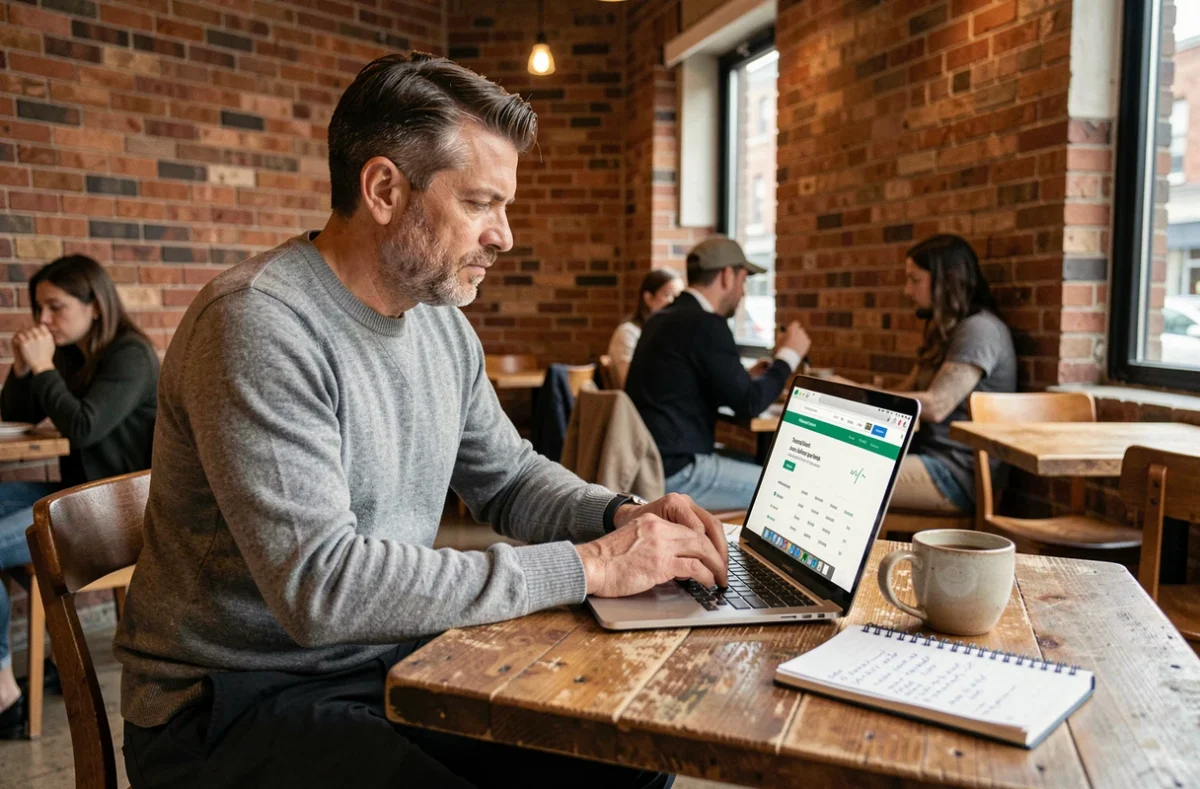 Homme en pull gris comparant des formations certifiantes sur un ordinateur portable dans un café