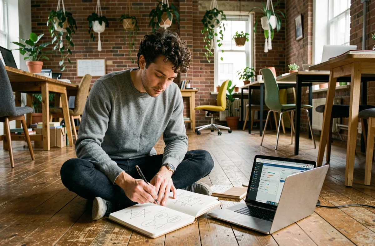 Jeune homme créatif travaillant sur des cartes mentales et des compétences transversales dans un espace de coworking