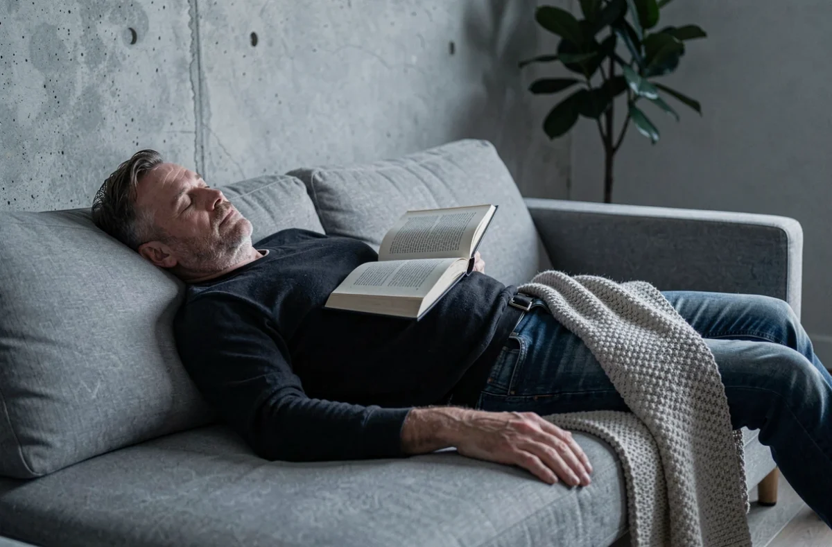 Homme endormi sur un canapé avec un livre ouvert sur la poitrine, évoquant l'isolement social lié à la lecture