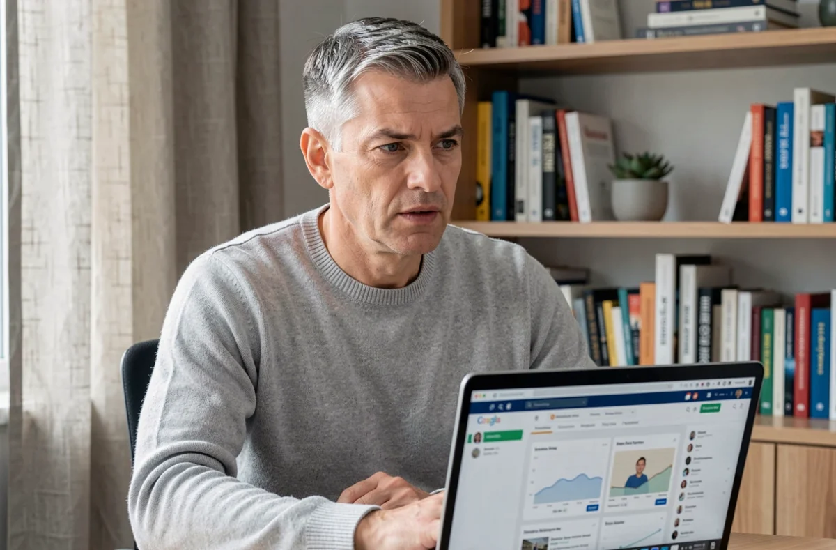 Homme en formation en ligne depuis son bureau à domicile, regardant une plateforme d'apprentissage sur ordinateur portable