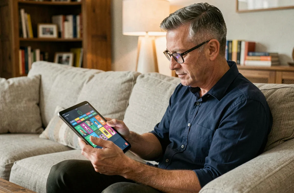 Homme d'âge moyen utilisant une tablette pour jouer à des jeux cognitifs de type Lumosity dans son salon