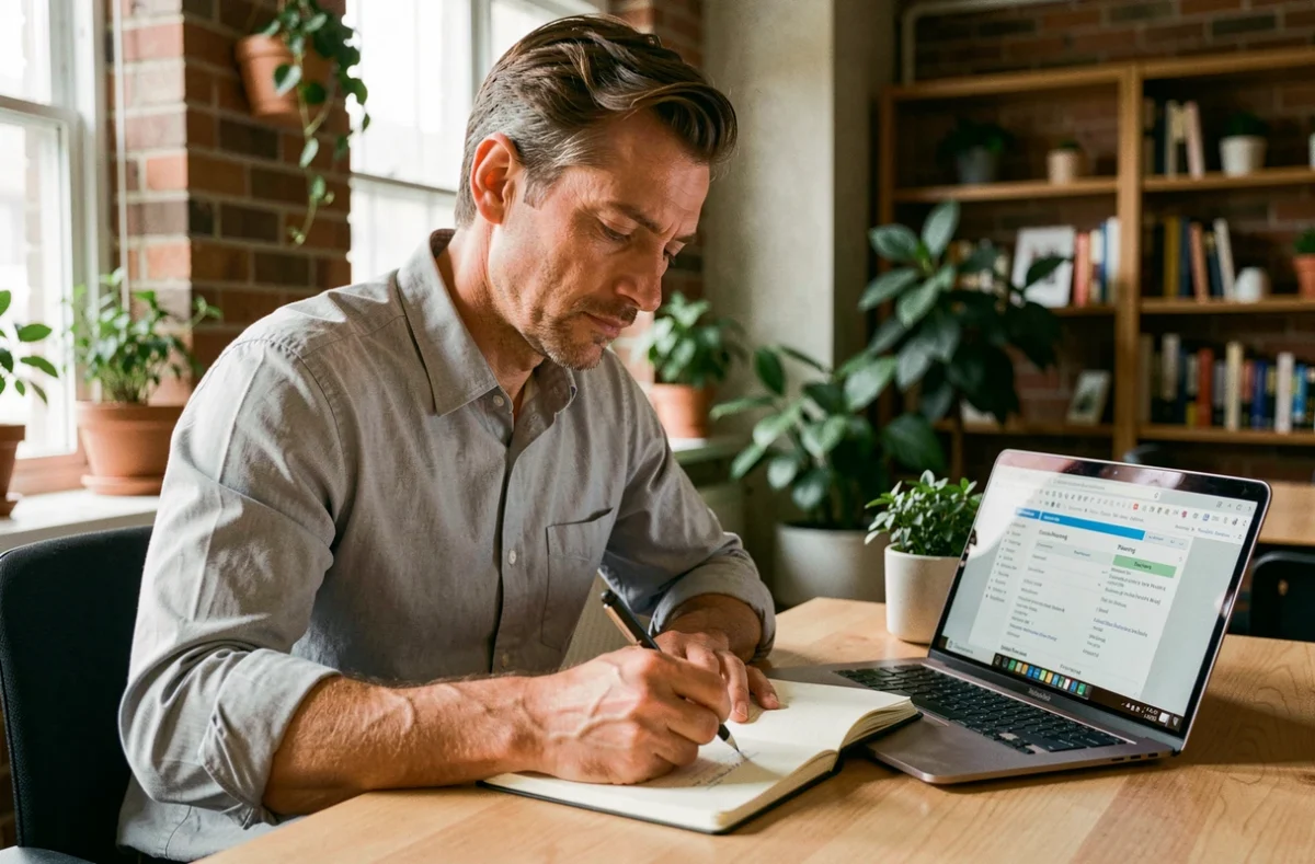 Homme préparant sa demande d'évolution de carrière en prenant des notes dans un espace de coworking