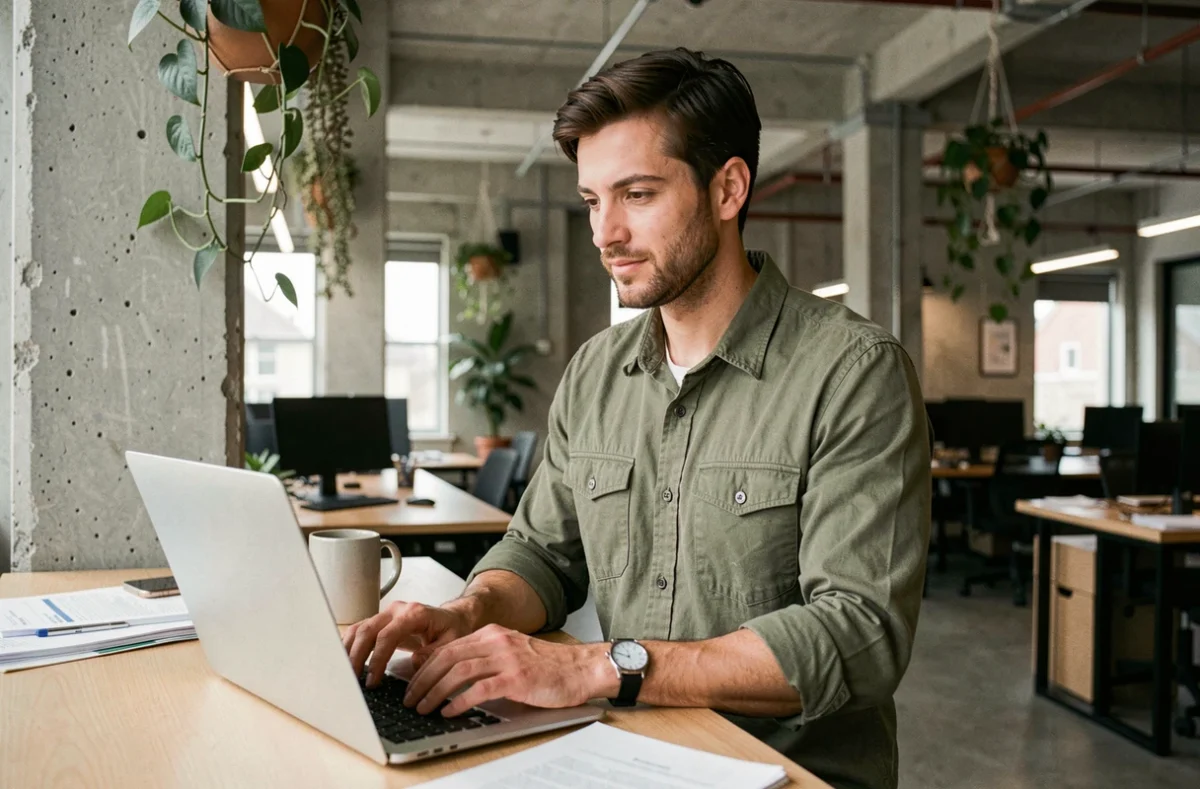 Homme en train de rédiger une lettre de motivation sur son ordinateur portable dans un espace de co-working