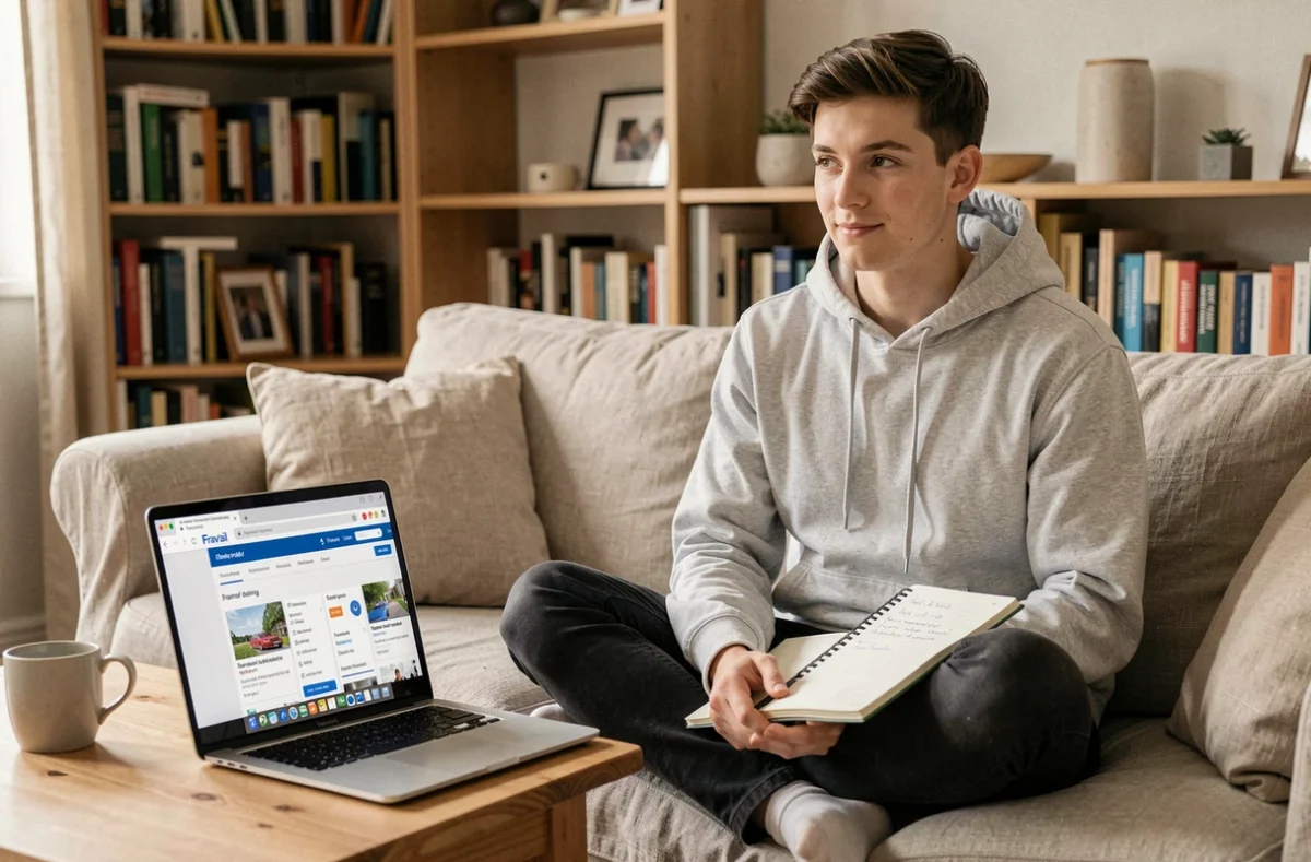 Jeune adulte recherchant des formations éligibles au financement France Travail sur son ordinateur portable depuis son domicile
