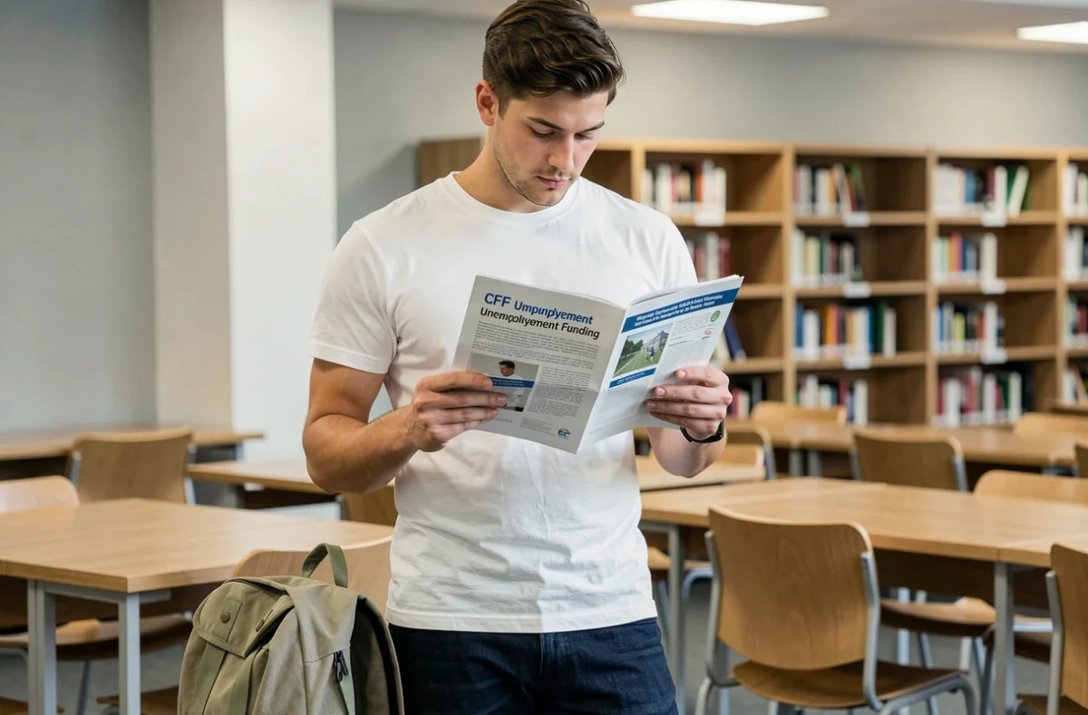 Jeune homme demandeur d'emploi lisant un guide sur le CPF et les aides à la formation dans une bibliothèque