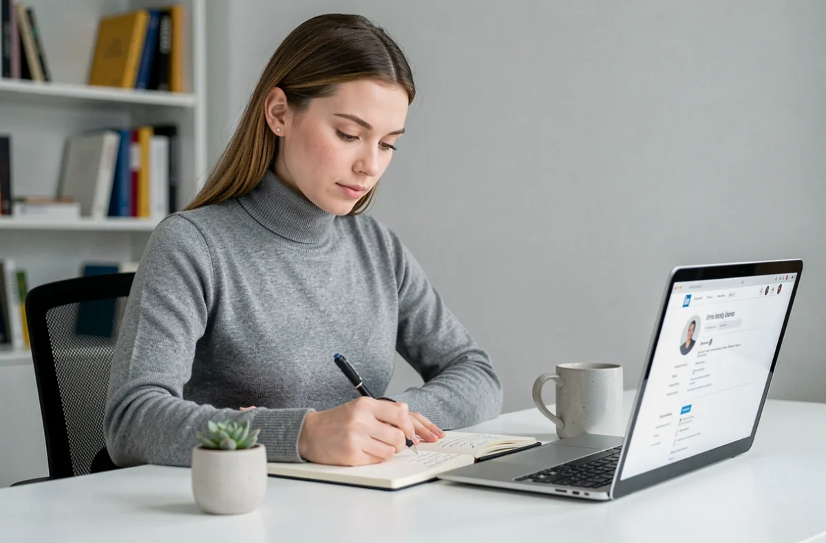 Jeune femme professionnelle prenant des notes dans un journal à son bureau à domicile devant un ordinateur portable, planifiant l'évolution de sa carrière