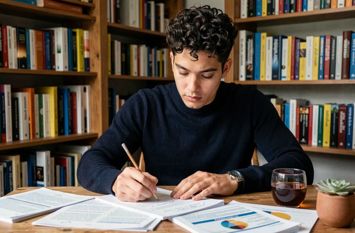Jeune homme étudiant seul les cours de formation en sophrologie à son bureau à domicile