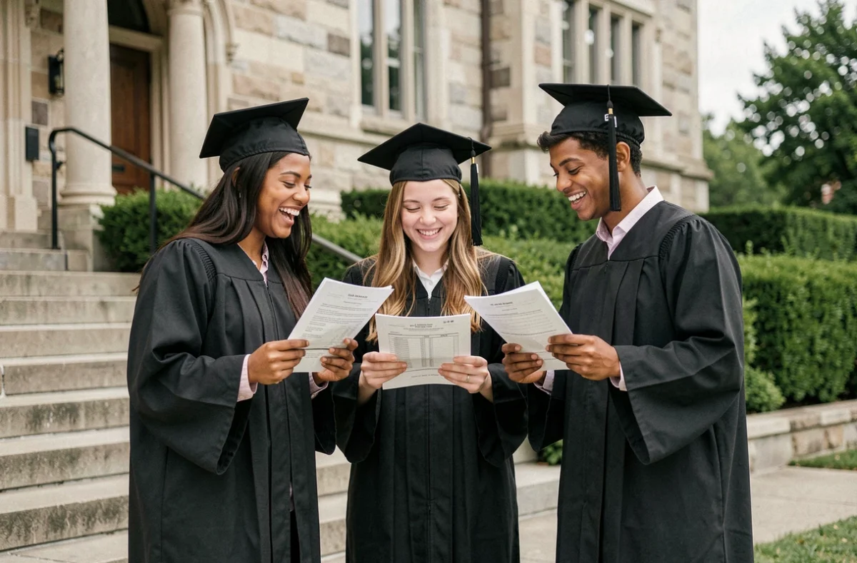 Groupe de jeunes diplômés en toge comparant des offres d'emploi sur les marches d'une université