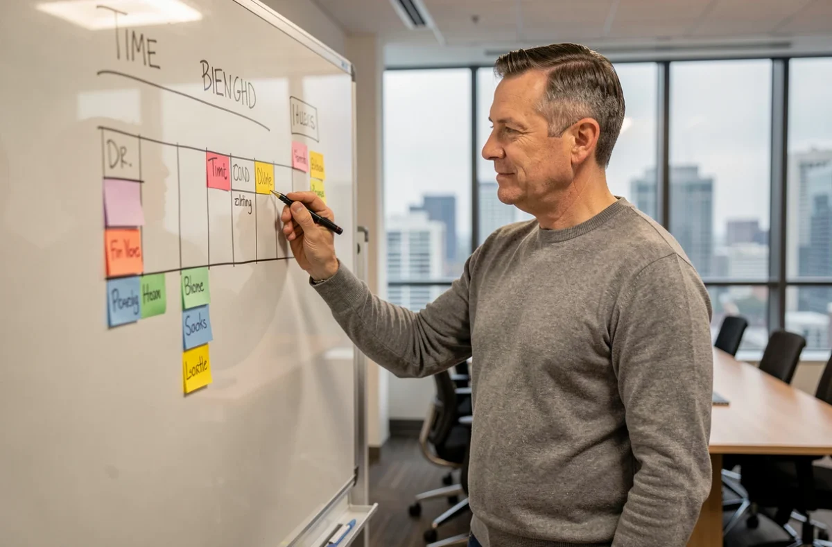 Manager traçant un planning de gestion du temps sur un tableau blanc en salle de réunion