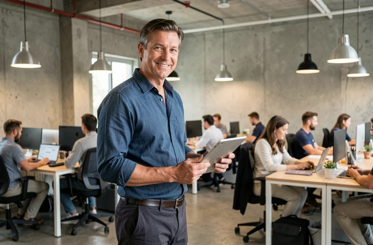 Manager confiant présentant les résultats de sa formation à son équipe dans un bureau moderne