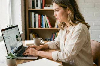 Femme travaillant en freelance sur son ordinateur portable depuis un bureau à domicile