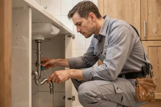 Plombier professionnel en train de réparer une canalisation sous un évier, métier qui recrute sans diplôme en France