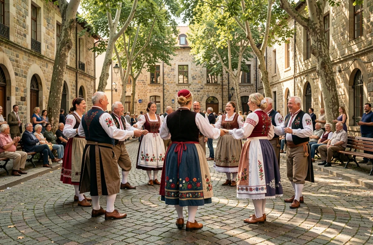 Danse folklorique traditionnelle lors d'un festival de rue en place publique, représentant une pratique socioculturelle populaire et festive
