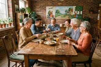 Groupe multigénérationnel partageant un repas traditionnel dans un centre communautaire, illustrant une pratique socioculturelle collective