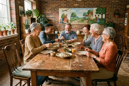 Groupe multigénérationnel partageant un repas traditionnel dans un centre communautaire, illustrant une pratique socioculturelle collective