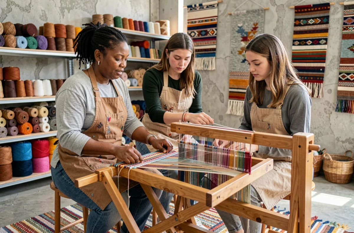 Femme transmettant une technique traditionnelle de tissage à deux apprenties dans un atelier artisanal urbain, exemple de pratique socioculturelle
