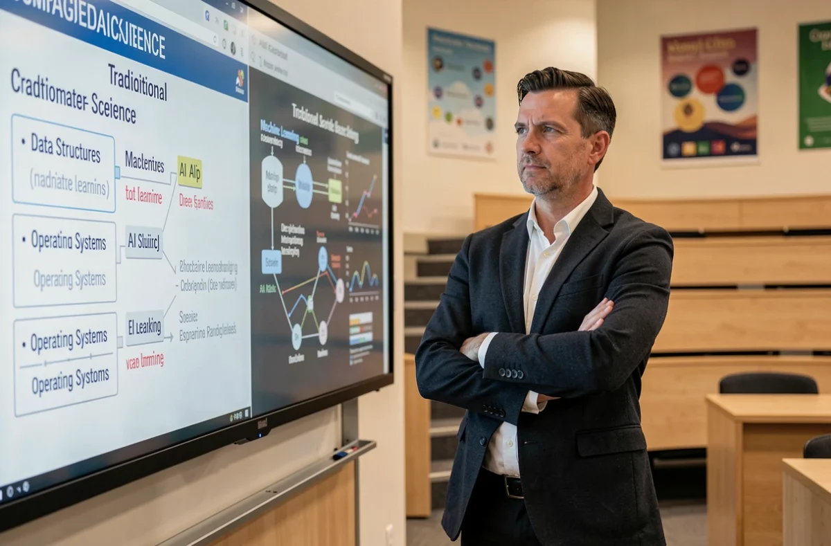 Professeur d'université analysant les différences entre un cours d'informatique traditionnel et un programme en intelligence artificielle devant un écran interactif