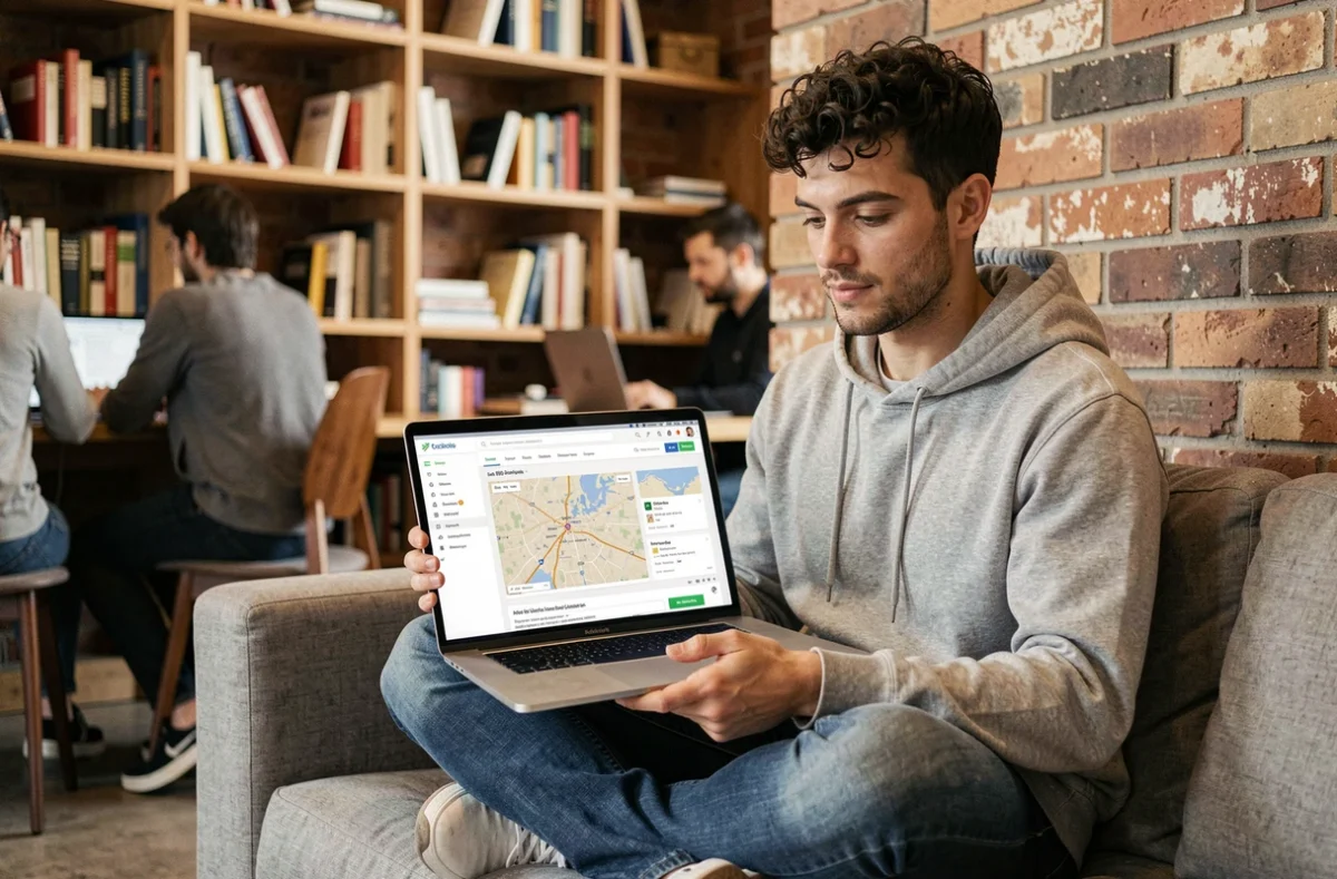Jeune professionnel consultant une page de résultats Google avec référencement local et SEO technique dans un espace de coworking
