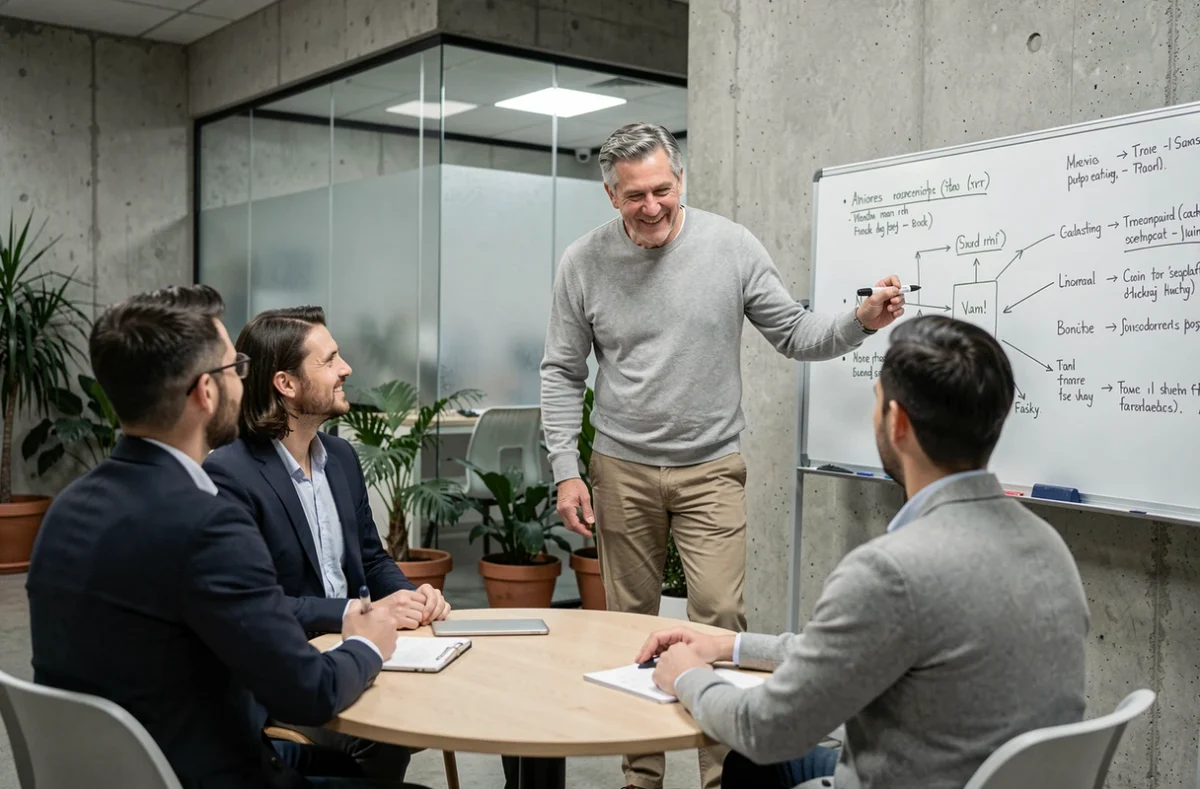 Coach masculin animant un atelier de groupe dans un espace de coworking, démontrant ses qualités de leadership, de communication et de pédagogie