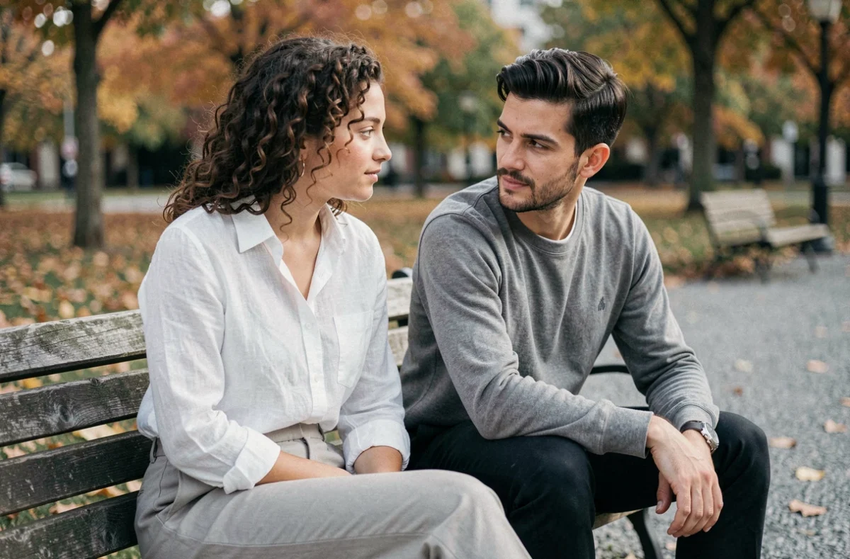 Jeune coach à l'écoute de son client lors d'une séance de coaching en plein air dans un parc, illustrant l'empathie et la bienveillance comme qualités essentielles d'un coach