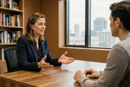 Coach professionnelle en séance de coaching avec une cliente dans un bureau moderne, illustrant les qualités d'écoute et d'empathie d'un bon coach