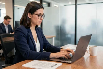 Femme professionnelle rédigeant l'introduction d'un rapport sur son ordinateur portable dans un bureau moderne