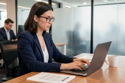 Femme professionnelle rédigeant l'introduction d'un rapport sur son ordinateur portable dans un bureau moderne