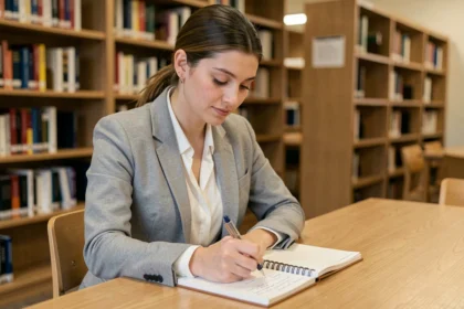 Jeune femme rédigeant un rapport de stage dans une bibliothèque universitaire moderne