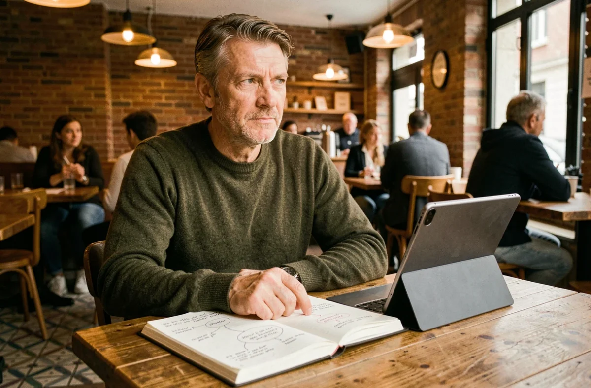 Homme réfléchissant à sa stratégie de communication dans un café avec un carnet de notes et une tablette