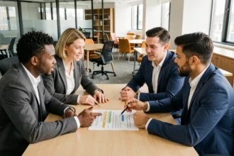 Groupe de professionnels discutant des règles de base autour d'une table de réunion moderne