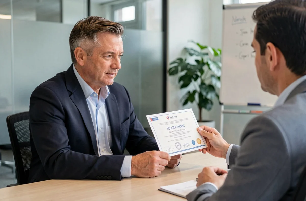 Responsable RH examinant un certificat MOOC lors d'un entretien d'embauche en entreprise