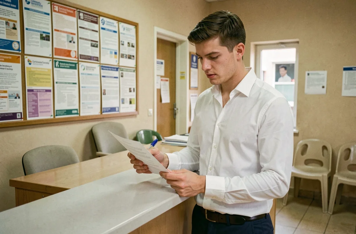 Jeune homme examinant un contrat CUI unique d'insertion dans un centre de services publics