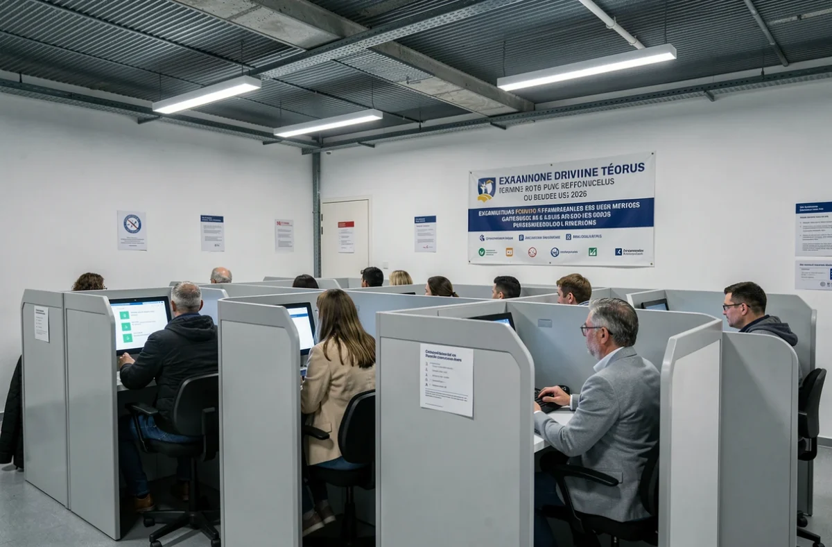 Salle d'examen du code de la route avec candidats sur des bornes numériques en 2026