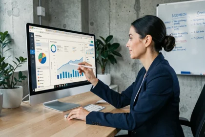 Spécialiste SEO analysant des tableaux de bord de référencement naturel et payant sur un écran d'ordinateur dans un bureau moderne