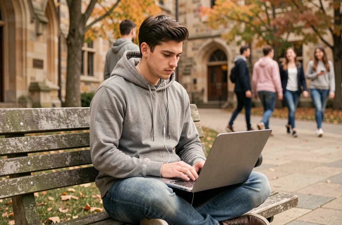 Jeune stagiaire en e-learning sur un campus universitaire avec un ordinateur portable en extérieur