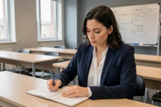 Femme stagiaire en formation professionnelle prenant des notes dans une salle de cours moderne